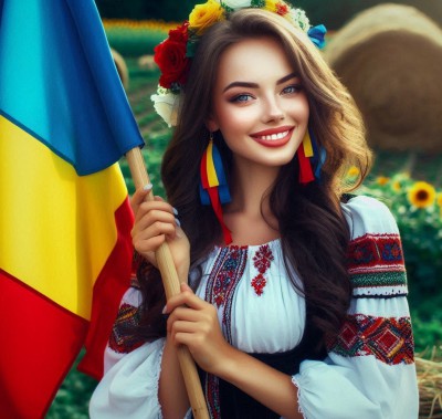 A beautiful girl holding a flag with the colors red, yellow, and light blue, dressed in traditional Romanian clothing.jpg